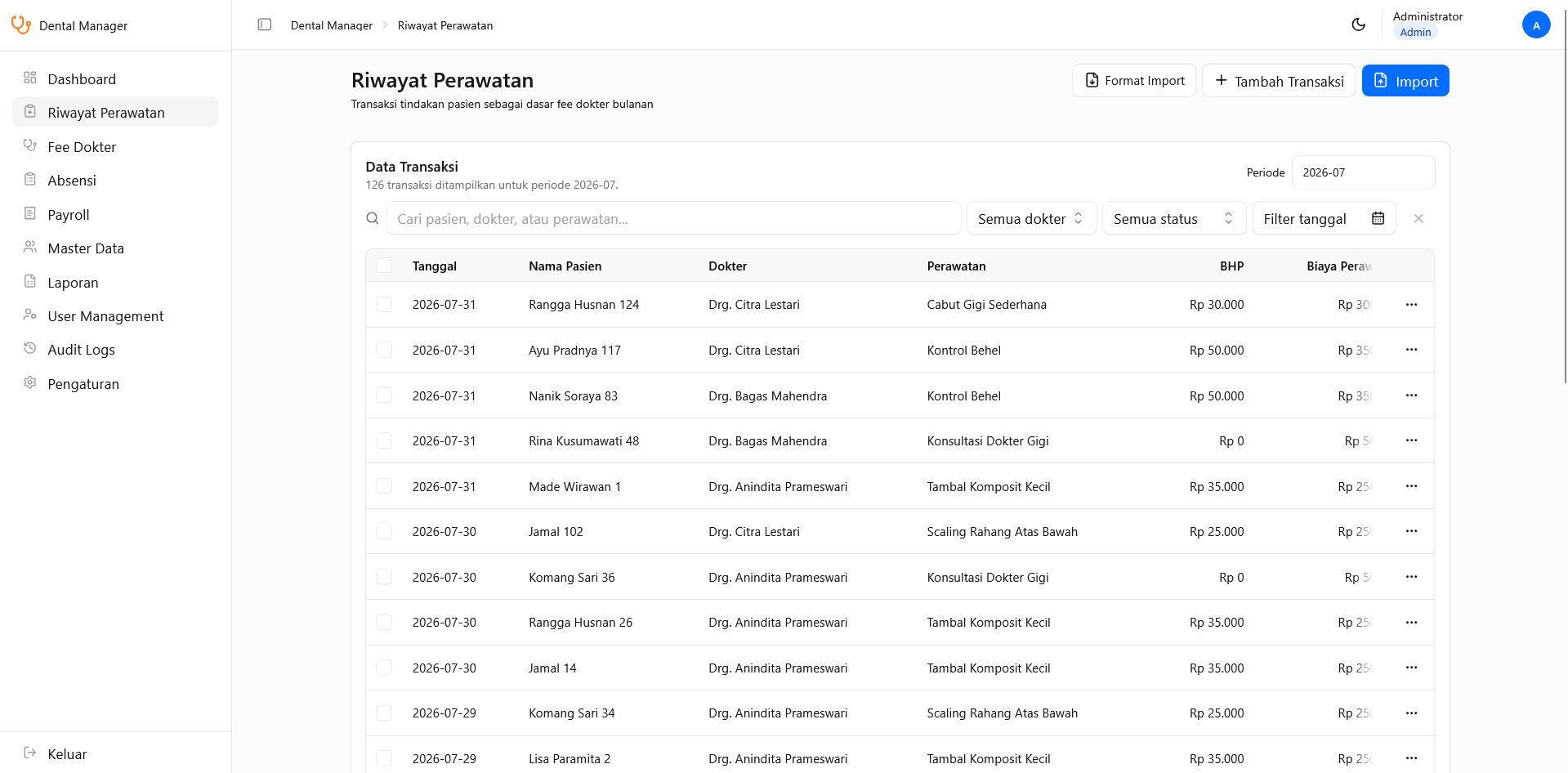 Treatment history with search, period filters, and transaction data