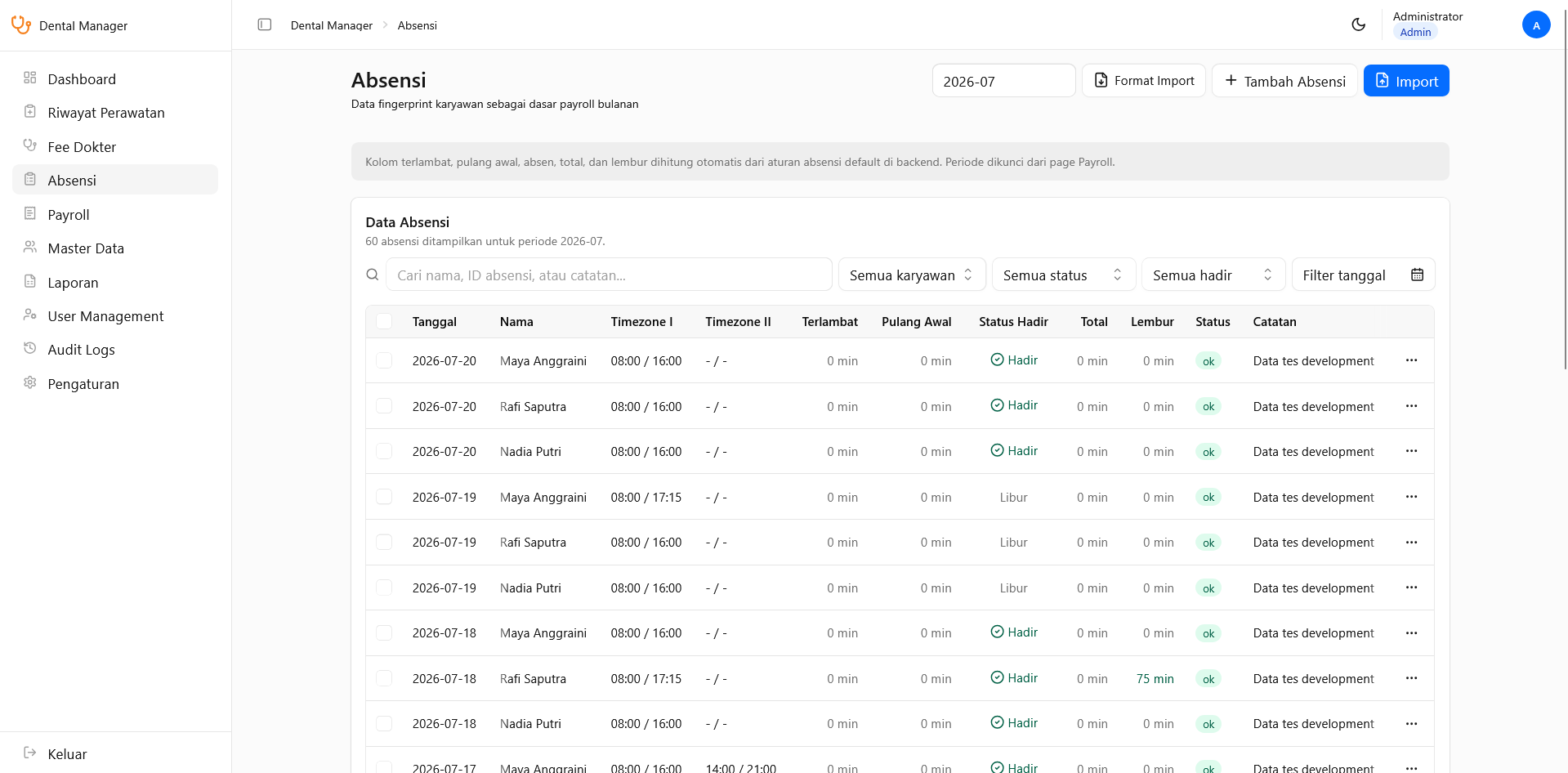 Employee attendance data with shifts, overtime, and review status