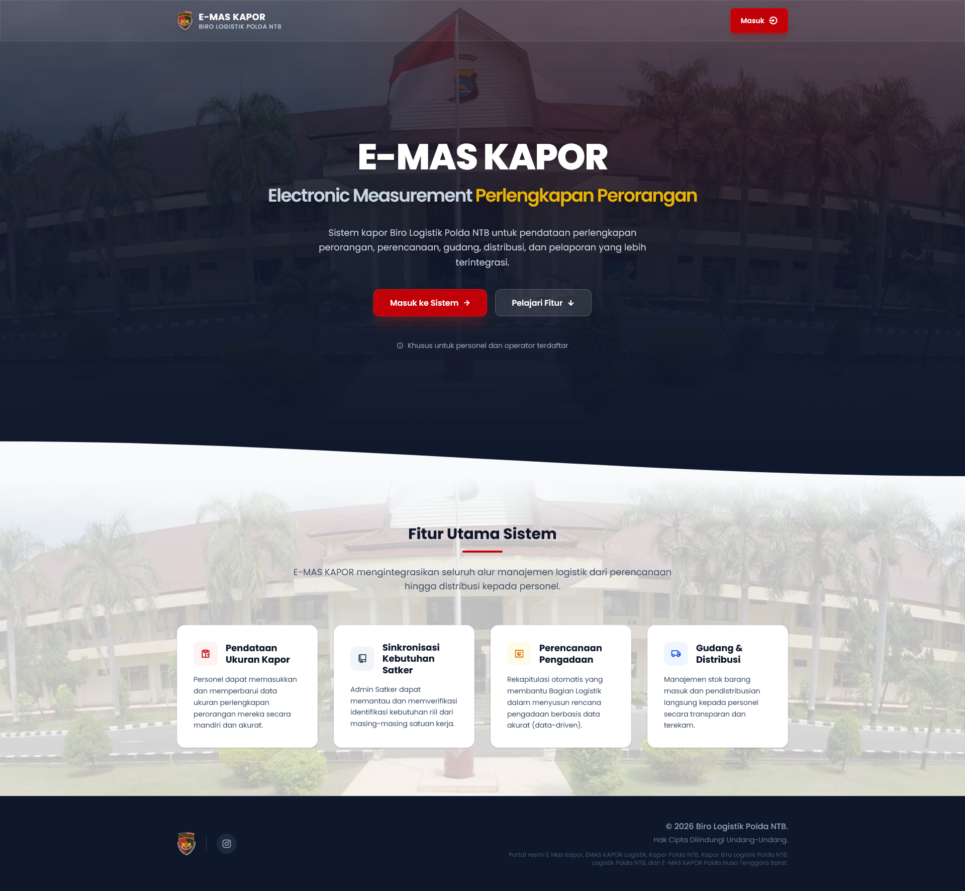 E-MAS-KAPOR public landing page with Biro Logistik Polda NTB identity and feature summary