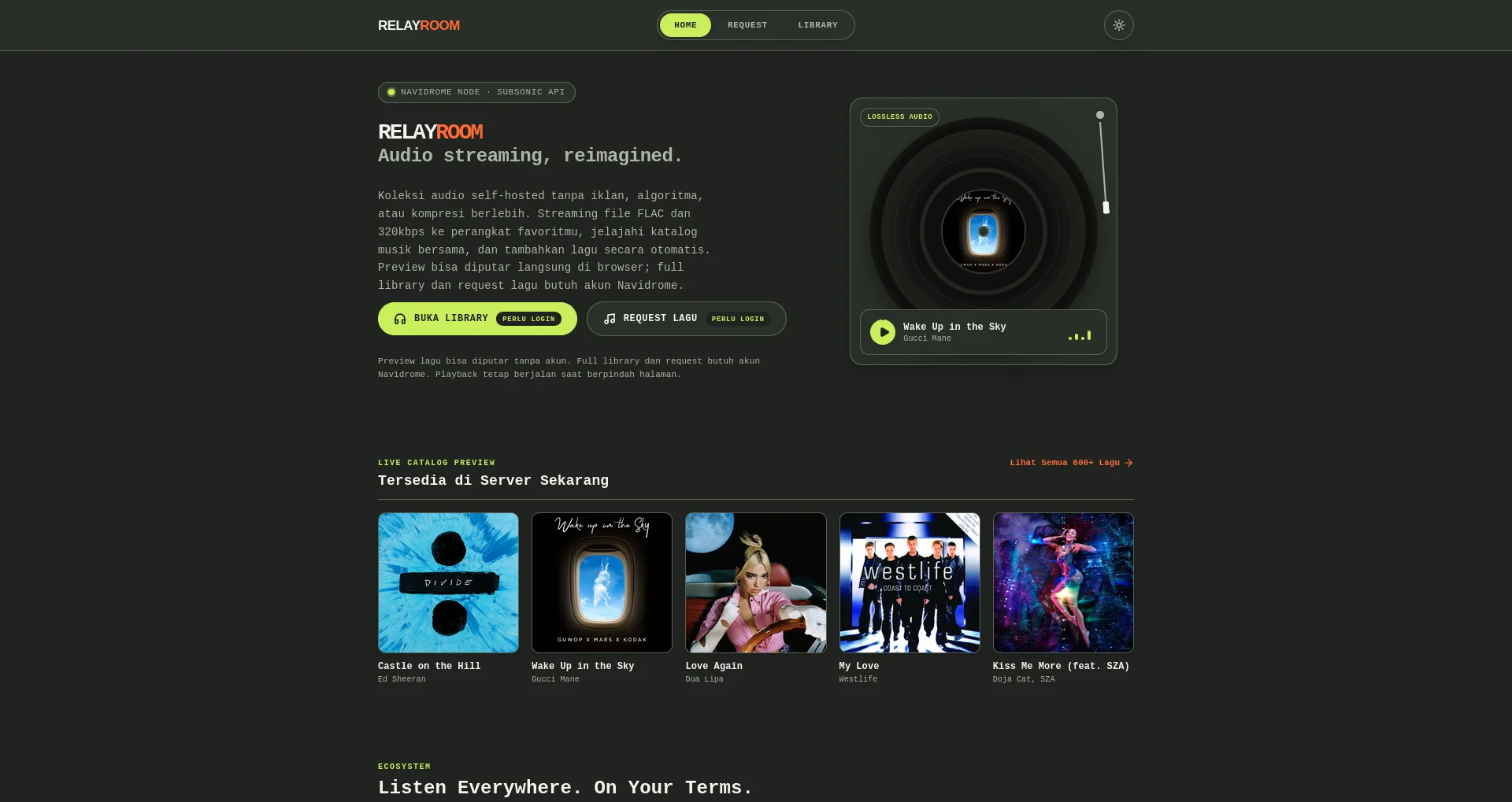 Halaman utama Relayroom dengan visual player lossless audio dan preview katalog server