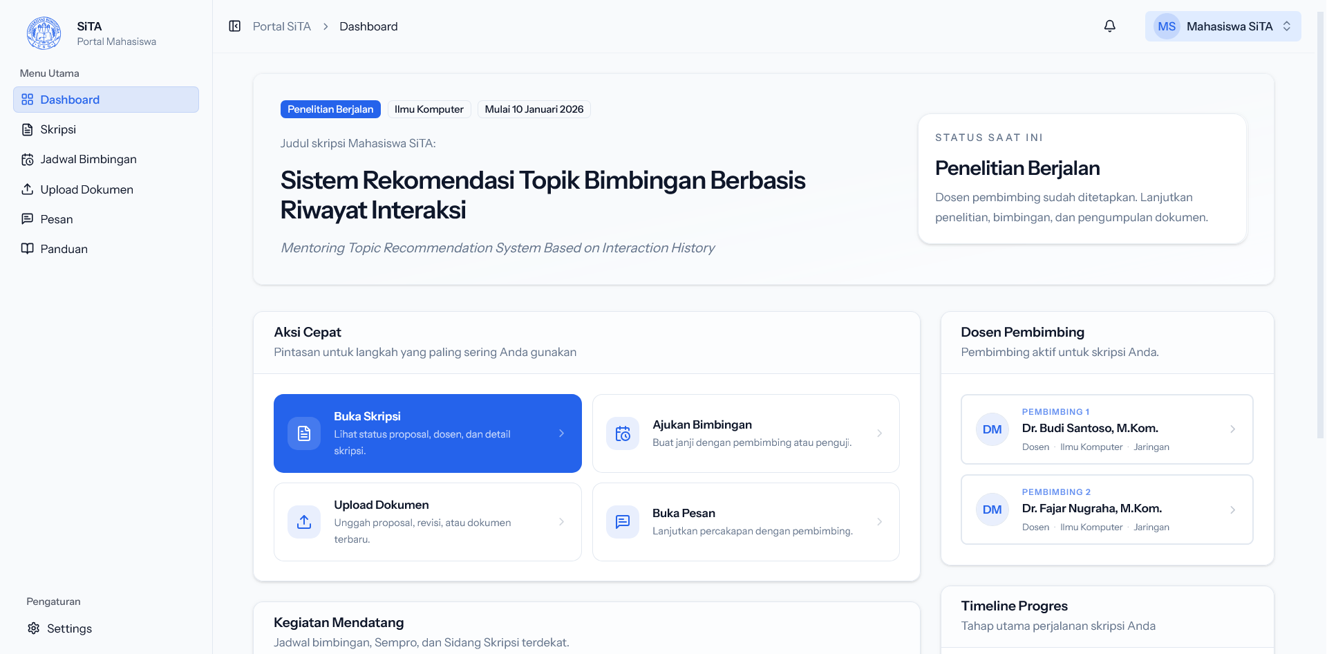 SITA student dashboard with thesis progress and activity