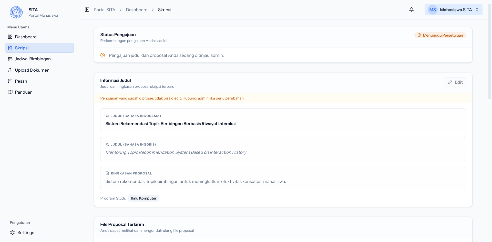 SITA thesis workflow for titles, proposals, and academic status