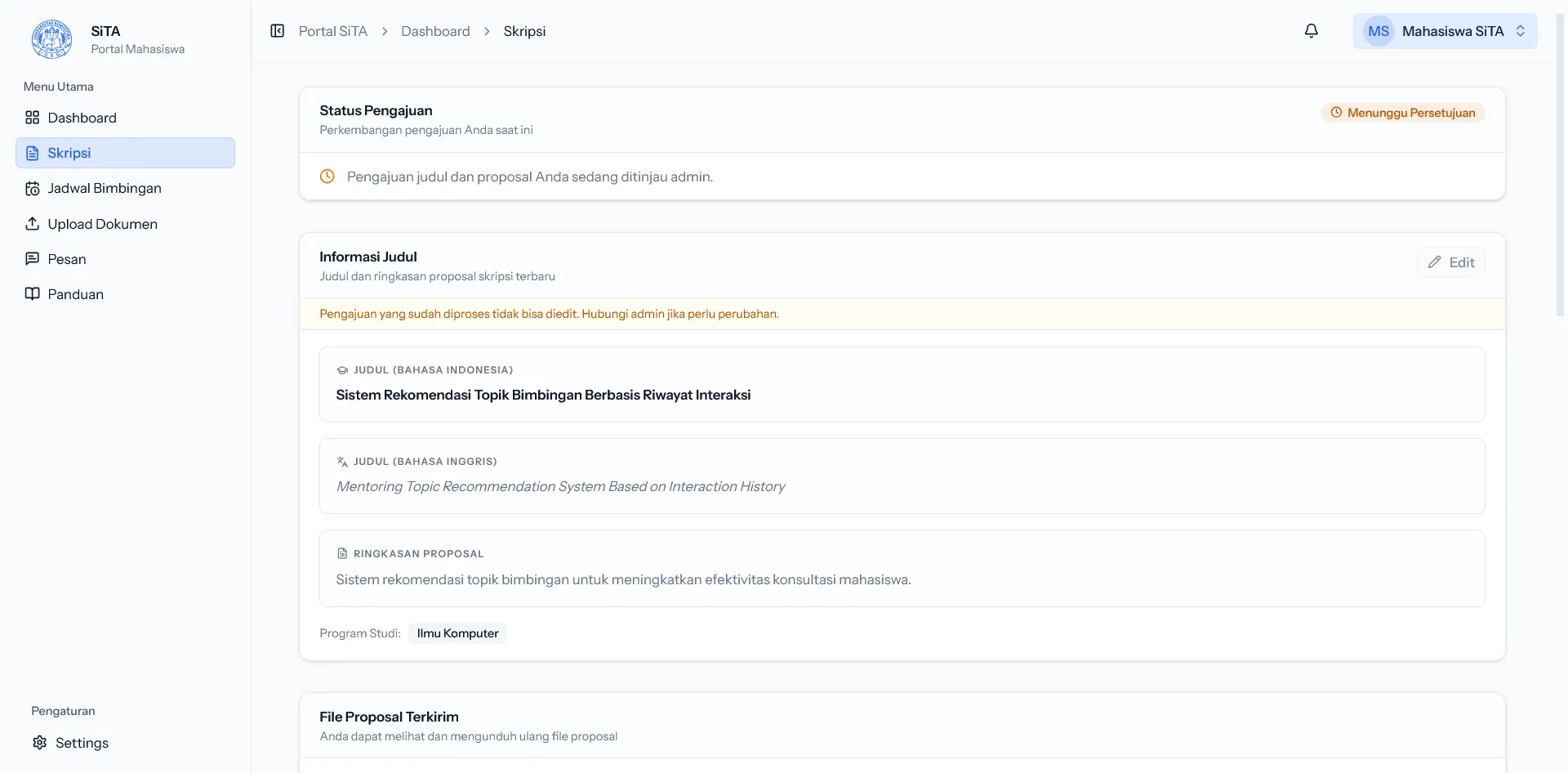 Workflow tugas akhir SITA untuk judul, proposal, dan status akademik