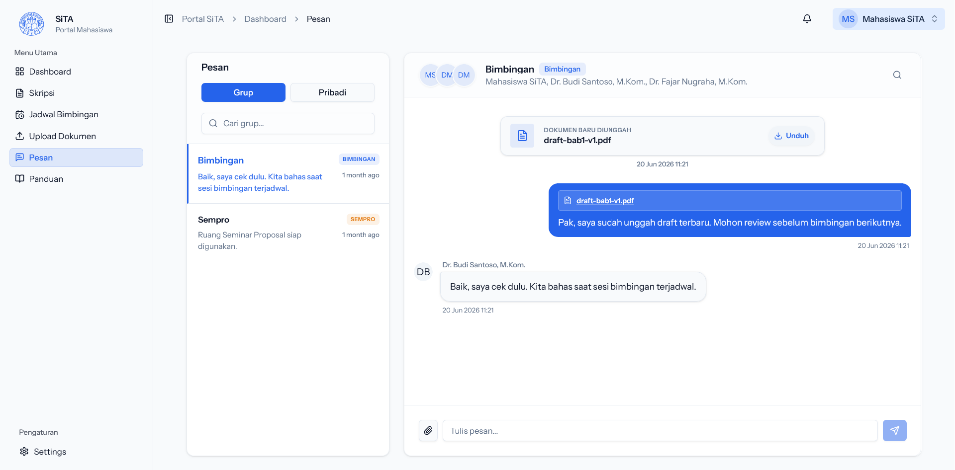 SITA real-time mentorship chat between a student and lecturer